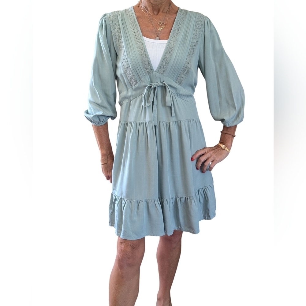 Baltic Born Amelia Sage Green Mini Dress Boho Tiered Ruffle Hem Size S